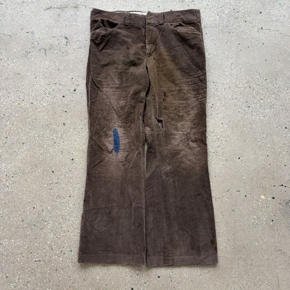 Vintage 70s Brown Bell Bottom Distressed Corduroys 34x30